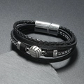 Bracelet multicouche en cuir noir pour homme avec breloque volleyball et fermoir magnétique - Volley-ball