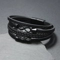 Men's black multilayer leather bracelet with infinity symbol on a grey stone base - Black