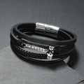 Bracciale multistrato in pelle nera nordica con barra in metallo argento e chiusura magnetica - Nero