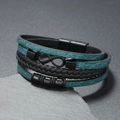 Detail of multi-layer braided leather bracelet with infinity symbol and magnetic clasp - Malachite green