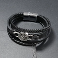 Bracciale multistrato da uomo in pelle nera intrecciata con ciondolo argento e chiusura magnetica - Nero