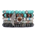 Fünfteiliges Boho-Armband-Set mit türkisfarbenen Steinen und Federanhänger für Damen - Feder & Vintage Runde Plakette Stil (Stil A)