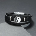 Three-layer leather Yin Yang bracelet with black woven cords and magnetic silver clasp - Black
