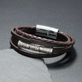 Men's Viking multi-layer leather bracelet with silver Valknut symbol and magnetic clasp - Coffee