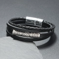 Nordic Viking leather bracelet for men with silver magnetic clasp and woven layers - Black