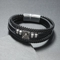 Punk multilayer braided leather bracelet with skull spade ace magnetic clasp for men - Black