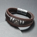 Men's punk leather multilayer woven skull bracelet with Ace of Spades and magnetic clasp - Coffee