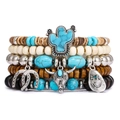 Ensemble de bracelets bohèmes avec perles turquoise et breloques de cactus de l'ouest - Chapeau de Cowboy Tête de Taureau & Fer à Cheval (Style E)