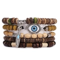 Boho-Set aus mehrlagigen Holzperlen-Armbändern mit blauem Auge und Federanhänger - Evil Eye und Feder Design (Stil F)