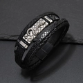 Men's multilayer black leather bracelet with silver cobra textured metal plate - Black + Silver