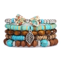 Boho-Mehrlagen-Armband-Set mit Türkissteinen und Perlen aus echtem Holz - Schmetterling und Blatt Anhänger Stil (Stil G)