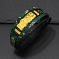 Men's multilayer leather bracelet with green snake pattern and golden dragon charm - Luxurious Green Gold