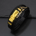 Detail of multi-layer black leather men's bracelet with golden cobra snake accent - Black + Gold