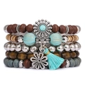 Mehrlagiges Boho-Armband-Set mit türkisfarbenen Perlen, Sonnenanhänger und blauer Quaste - Gänseblümchen und Sonnenstrahl Design (Stil L)