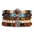 Mehrlagiges Boho-Armband mit Türkis, Holzperlen und Herzanhänger aus Metall - Herzförmiges Tigerauge und Blatt-Stil (Stil I)