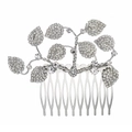 Détail d'un peigne à cheveux de mariée argenté avec feuilles en strass et dix dents en métal - Peigne à Cheveux Style Feuille Alliage Argent (HS-J3325)