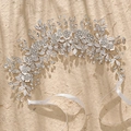 Detail of silver bridal headband with crystal flowers, metallic leaves and silk ribbons - Silver (HS-J5054)