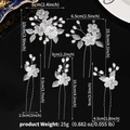 Five-piece bridal hair pin set with matte white flowers, pearls and silver leaves - Silver (HS-J7283S)