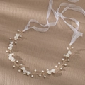 Detail of handmade bridal headband with white flowers, pearls and organza ribbon ties - Organza Ribbon Floral Headband (HS-J6989G)