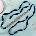 Luxurious navy blue bridal sash with hand-sewn floral rhinestones for wedding dresses - Ink Blue Satin Ribbon