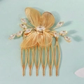 Detailed macro view of the golden bridal hair comb with hollow butterfly and crystal design - Gold Butterfly (HS-J7395G)