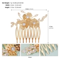 Detail view of gold bridal hair comb featuring zircon flowers and precise product dimensions - Three Floral Style (HS-J7396G) / Gold