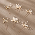 Elegant 6-piece bridal gold leaf hair pins set with pearls for wedding hairstyles - 6 Pieces Set (HS-J6973G)