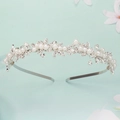 Elegante cerchietto da sposa con perle e strass su base in metallo con foglie d'argento - Argento