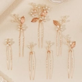 Set de 7 horquillas de novia con hojas doradas y perlas para peinados elegantes de boda - Juego de 7 Piezas (HS-J7376G)
