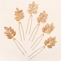 Set of 6 golden leaf hair pins with hollow veins and U-shaped wave pins for hair styling - Gold Hollow Leaf Hair Stick (HS-J6486) / 6Pcs/Set