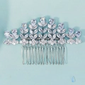 Detailed view of silver floral hair comb with sparkling zircon stones and leaf accents - 12-Tooth Leaf Flower Crown Style (HS-J7424S) / Silver