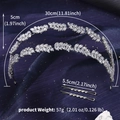 Detail view of silver bridal zircon headband with leaf motifs and size specifications - Double Layer Leaf Crown Style (HS-J7382S)