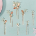 Handmade 7-piece golden leaf hair pin set with white pearls and U-shaped metal wires - Pearl Leaf Hair Sticks Collection (HS-J7376G)