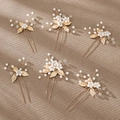 Set of 6 gold leaf bridal hair pins with white pearls and beads for wedding styling - Vintage Pearl Hair Sticks Combo (HS-J6973G)