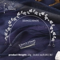 Detailed view of silver bridal headband showing zircon leaves and size dimensions - Thin Hairband Style (HS-J7391S)