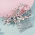 Pettine per capelli da sposa con stelle e luna, strass e perle su sfondo bicolore - Stile Luna e Stella (HS-J7432S)