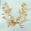 Elegant gold leaf bridal hair pins set with pearls and rhinestones for wedding hair styling - Bridal Pearl Hair Band (HS-J7276G)