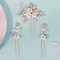 Set di 3 forcine da sposa con fiori bianchi fatti a mano e perle su base dorata - Stile Foglia Floreale (HS-J7418G)