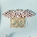 Peigne à cheveux doré élégant avec cristaux marquise pour coiffure de mariée chic - Style Long à Feuilles et Fleurs Symétriques à 10 Dents (HS-J7442G) / Or