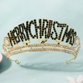 Golden Merry Christmas rhinestone tiara with dark green crystals for holiday parties - Green (TS-J3428GHG)