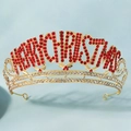 Detail of gold Merry Christmas tiara featuring red rhinestones and white crystal accents - Red (TS-J3428GHRED)