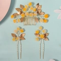 Set de coiffure de mariée 3 pièces avec peigne floral jaune et épingles dorées - Ensemble 3 Pièces Peigne et Épingles à Cheveux Style Pastoral (HS-J7213G) / Floral Jaune (HS-J7213G)