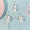 Set di 3 forcine da sposa con fiori in resina bianca e perle su base argentata a U - Stile Floreale Perla Bianca (HS-J7454S)