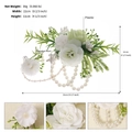 Detail of white artificial rose bridal corsage with synthetic pearls and green leaves - White (BS-J5442)