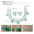 Detail view of green leaf rhinestone headband and earring set with precise measurements - Green Style (HS-J6866SGREEN)