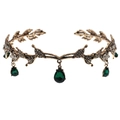 Vintage bridal leaf crown with green teardrop stones and rhinestones in bronze - Antique Gold Green Zirconia