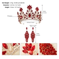 Detailed view of Baroque gold tiara and red rhinestone earrings with size dimensions - Red
