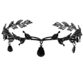 Gothic black leafy crown headband with three hanging black teardrop jewels for women - Gun Black with Black Zirconia