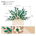 Detailed size view of green rhinestone leaf hair comb with dimensions and pearly accents - Gold