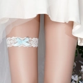 Elegant bridal lace garter featuring a soft blue satin bow and central pearl accent - Light Blue Bow Artificial Pearl Lace Single (GS-J022)